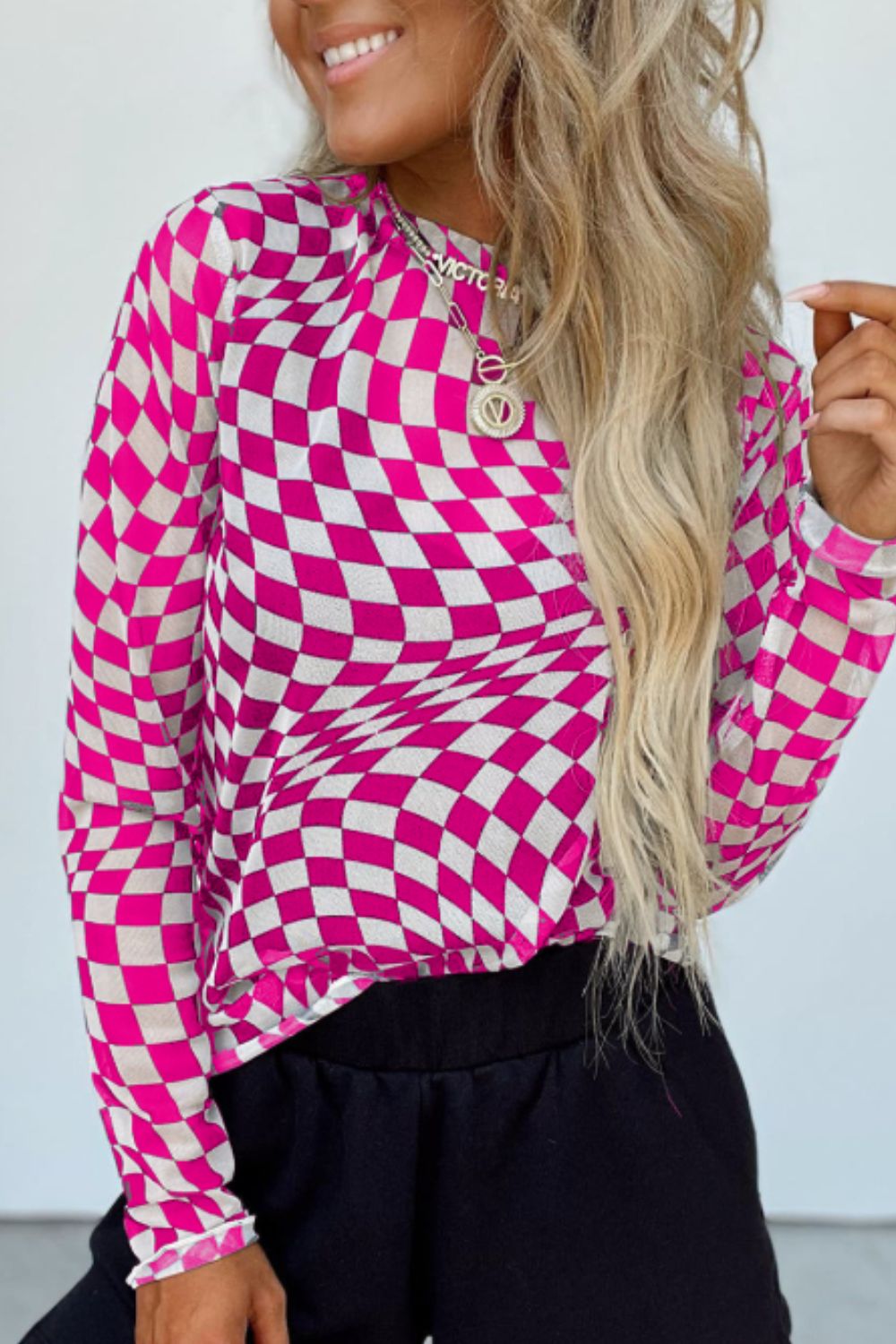 Checkered Mock Neck Long Sleeve Blouse - Ladyez