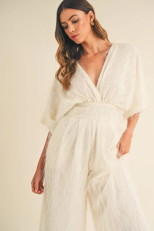 MABLE Fluffy Deep V Neck Wide Leg Jumpsuit - Ladyez