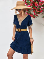 V-Neck Swiss Dot Ruffle Hem Mini Dress