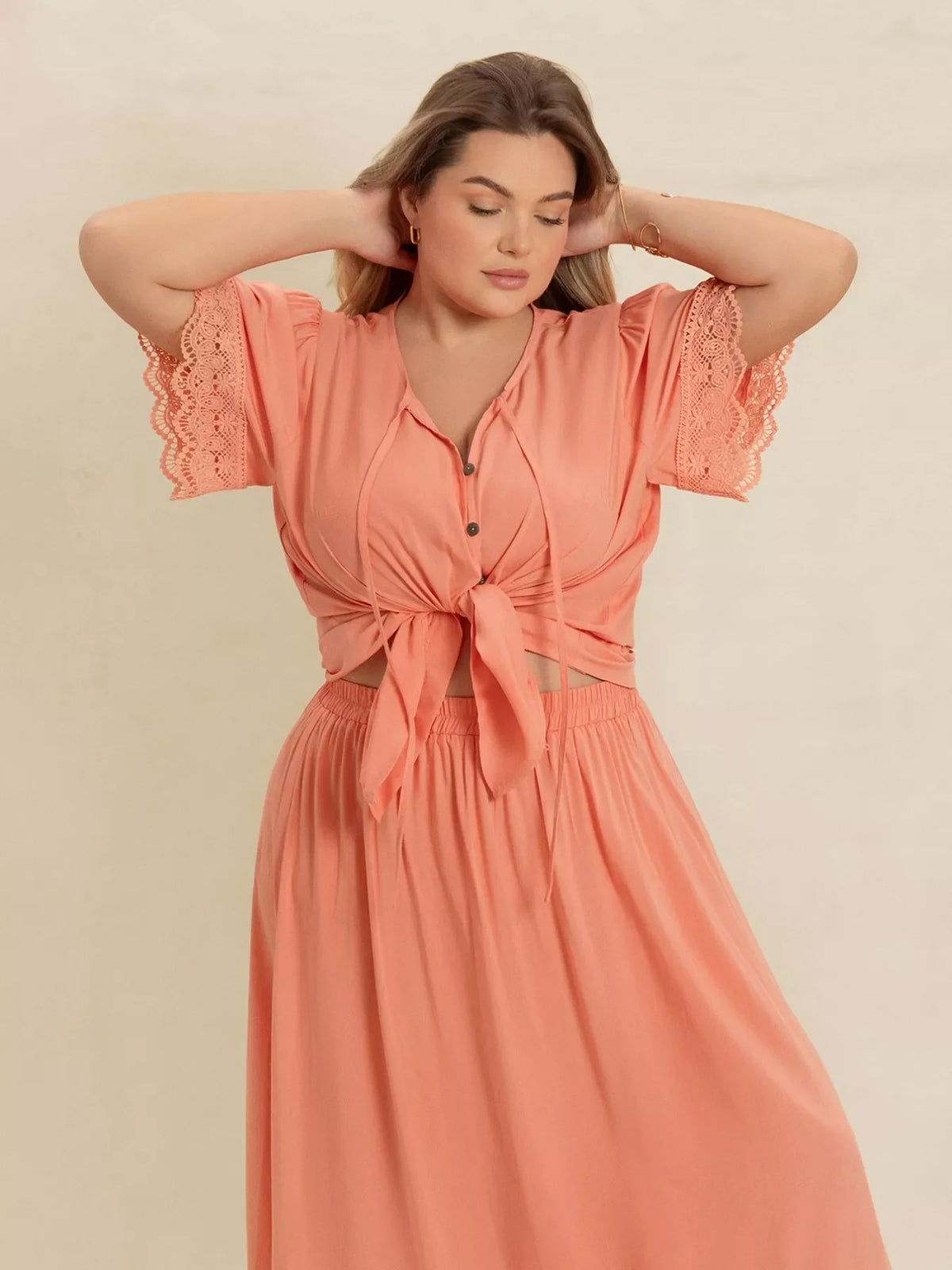 Plus Size Lace Detail Tie Neck Top and Skirt Set