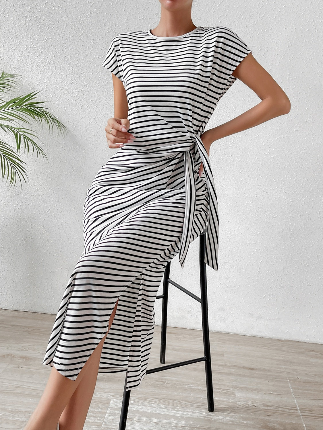 Honey Tied Striped Round Neck Short Sleeve Tee Dress - Ladyez