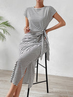 Honey Tied Striped Round Neck Short Sleeve Tee Dress - Ladyez