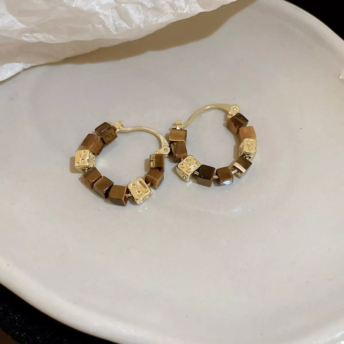 Tiger's Eye 18K Gold-Plated Copper Geometric Earrings