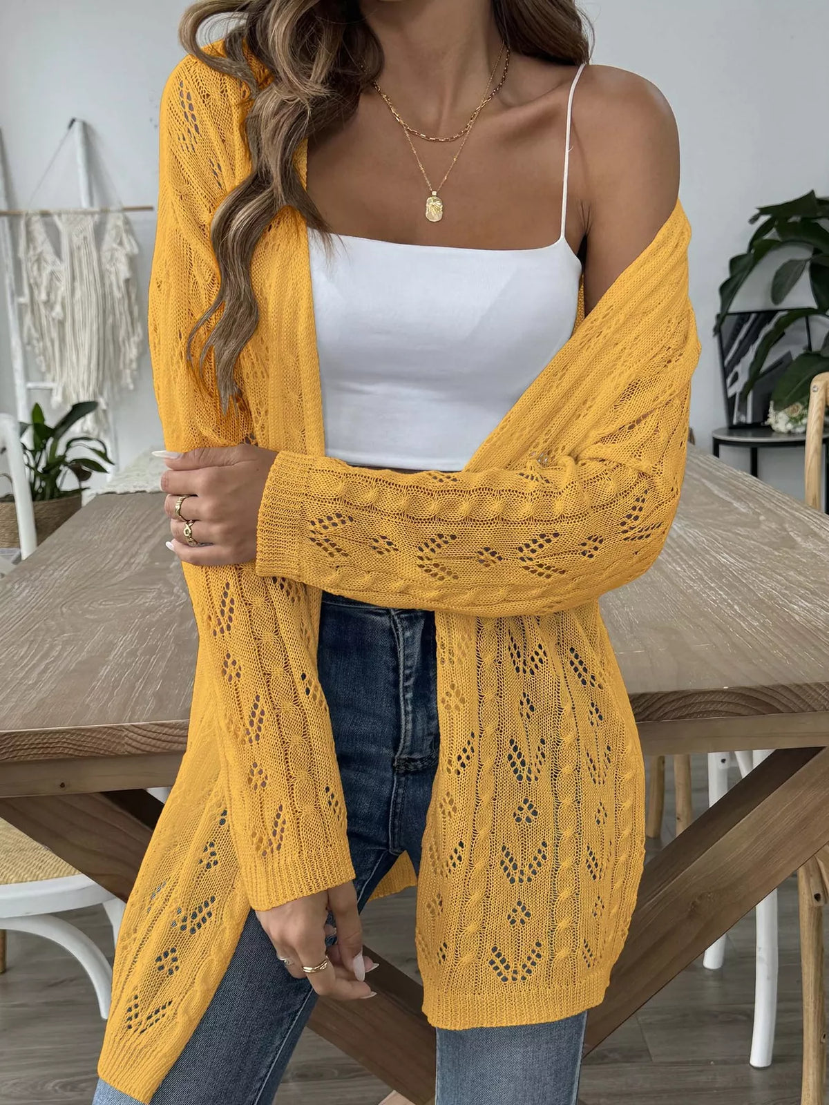 Openwork Open Front Knit Cardigan