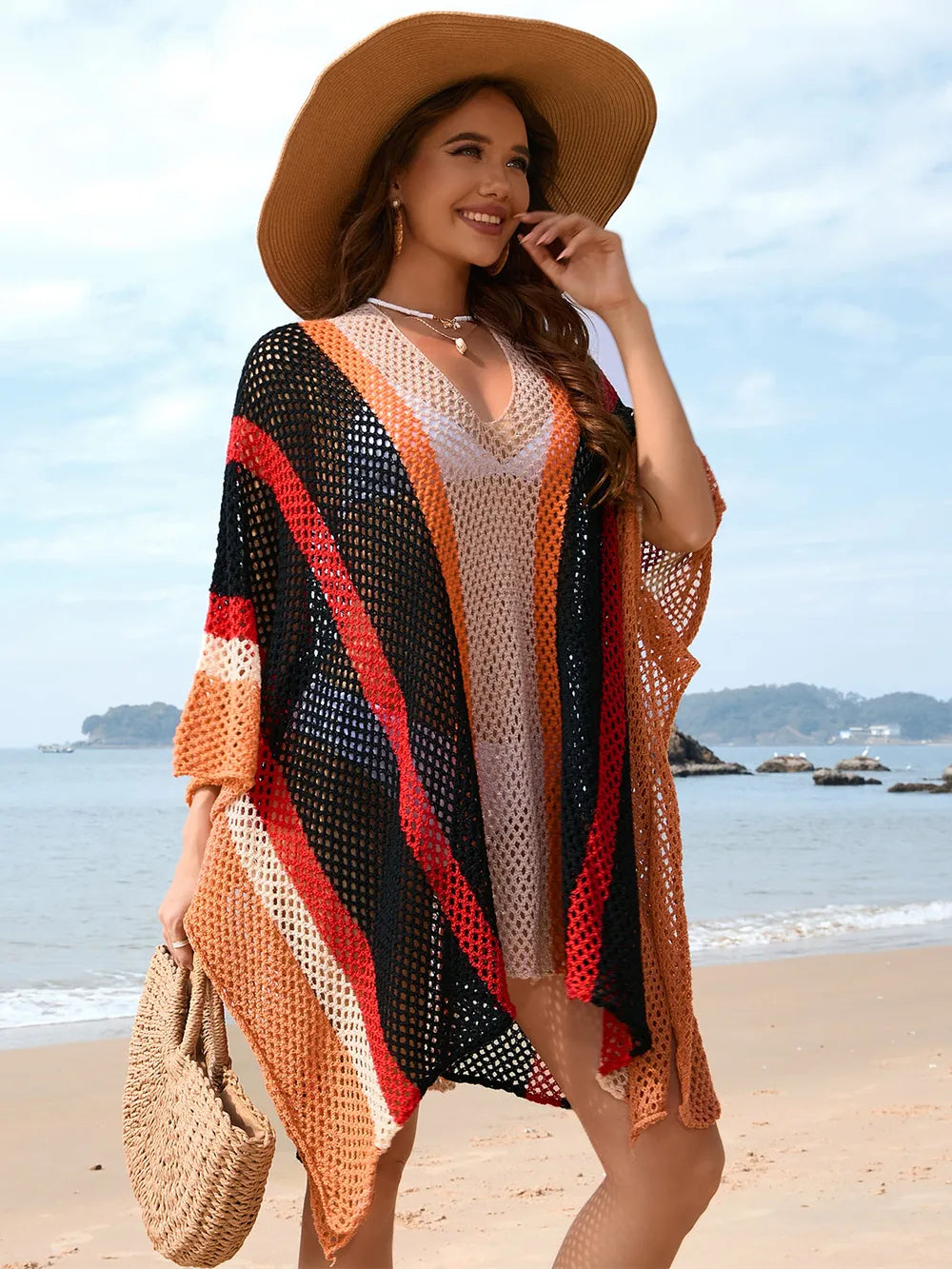 Openwork Color Block Plunge Cover-Up - Ladyez
