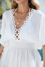 Ruffled Smocked Waist V-Neck Cover-Up - Ladyez