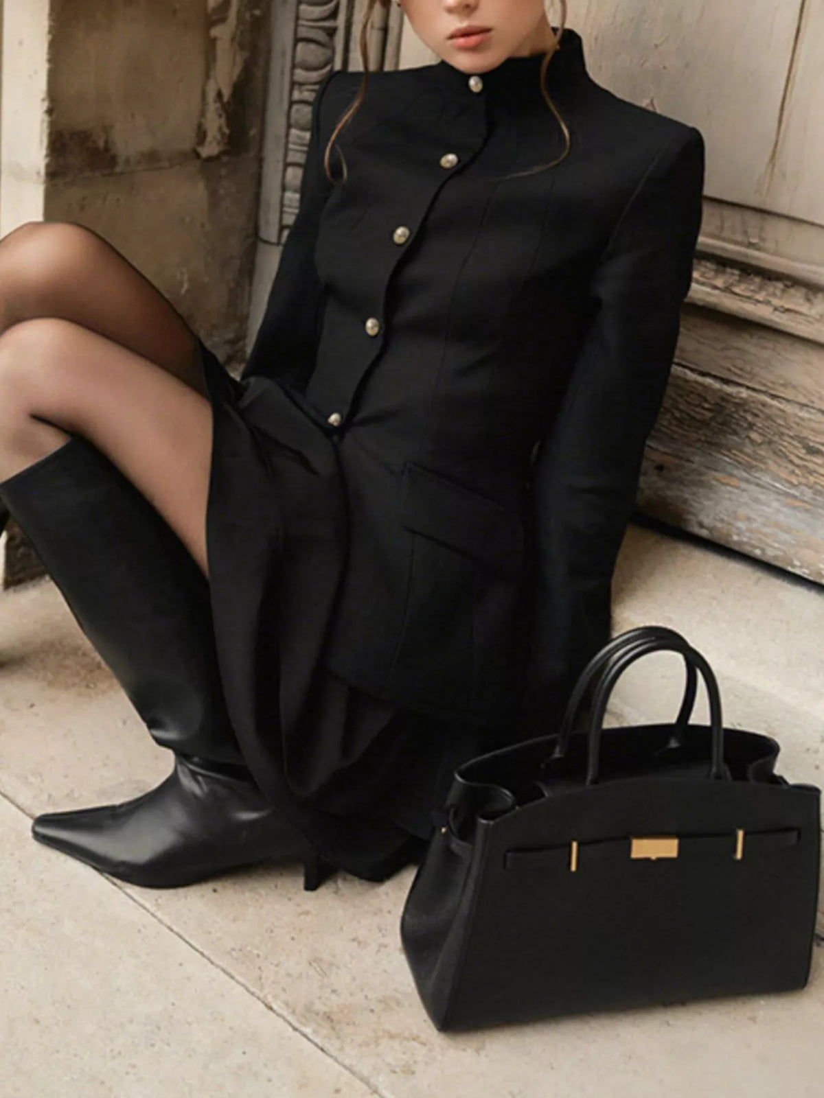 Elegant Stand Collar Blazer and Mini Skirt Set
