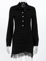 Lace Detail Button Front Long Sleeve Dress
