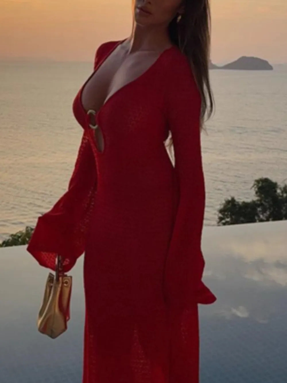 Slit Plunge Flare Sleeve Cover-Up Dress - Ladyez