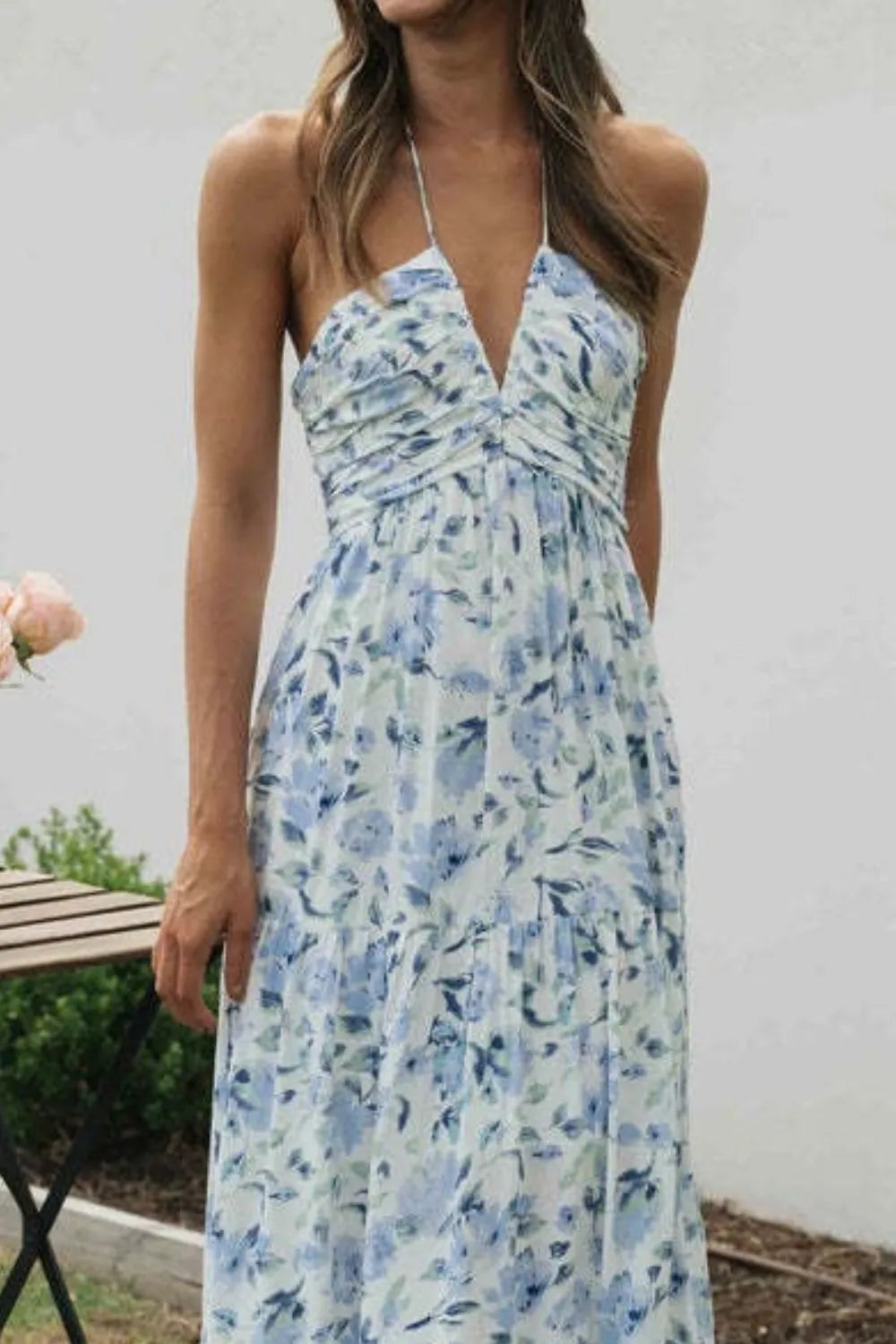 Floral Halter Neck Tiered Maxi Dress - Ladyez