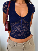 Devine V-Neck Short Sleeve Lace Top - Ladyez