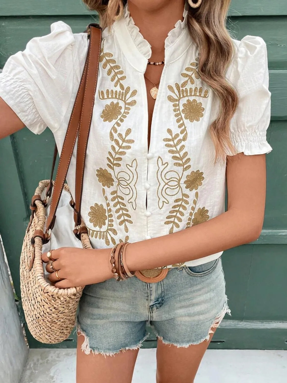 Embroidered Frill Notched Short Sleeve Blouse - Ladyez