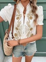 Embroidered Frill Notched Short Sleeve Blouse - Ladyez