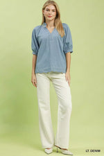 Umgee Textured Puff Sleeve Scallop Hem Blouse