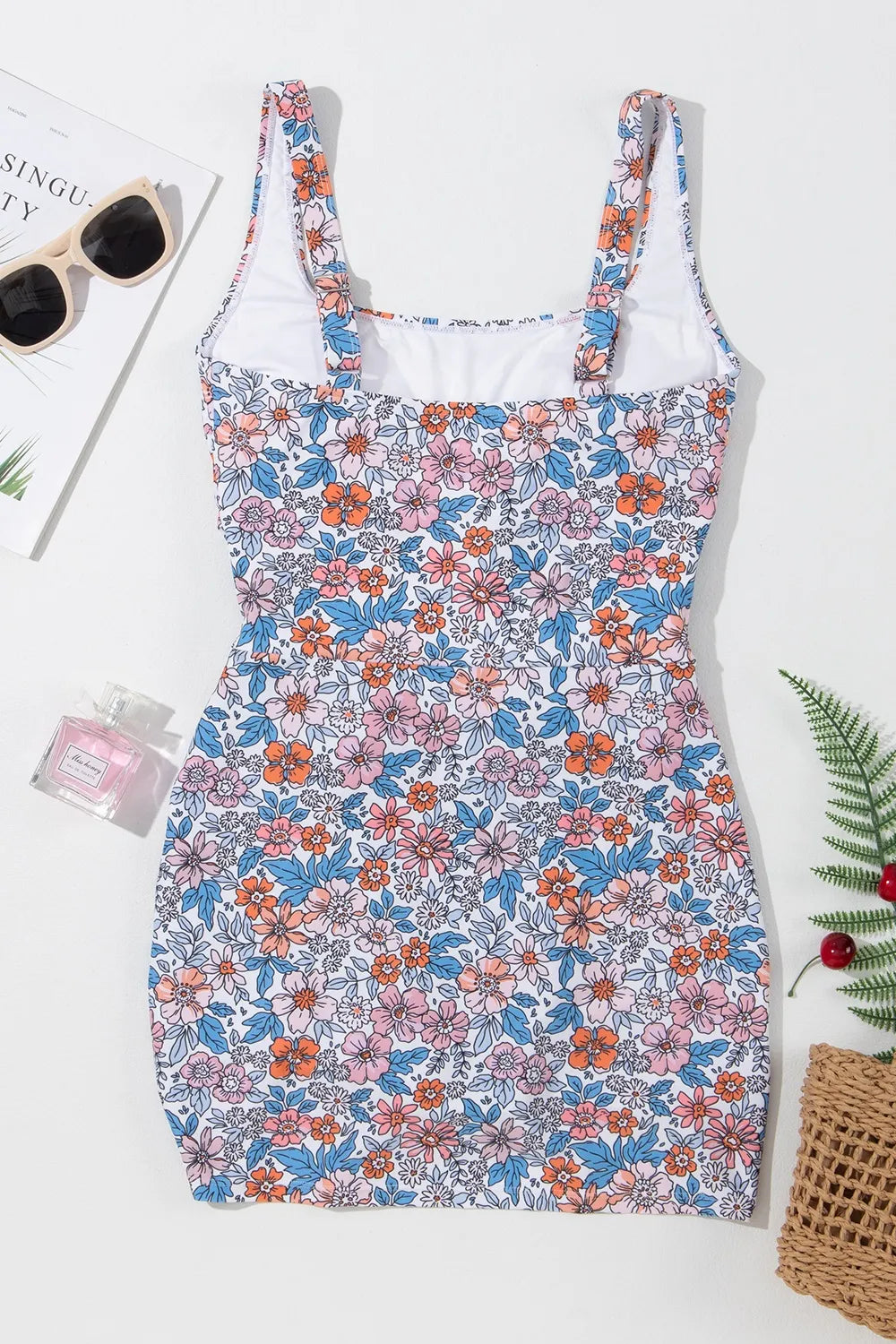 Drawstring Printed Wide Strap Swim Dress - Ladyez