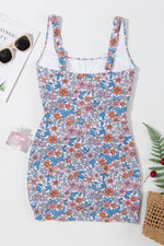 Drawstring Printed Wide Strap Swim Dress - Ladyez
