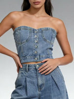 Button-Front Denim Tube Top