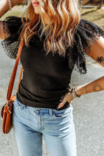 Polka Dot Mesh Sleeve Ribbed Top