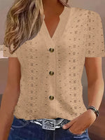 Openwork Notched Short Sleeve Top