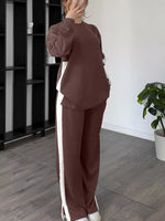 Full Size Contrast Round Neck Top and Pants Set Plus Size