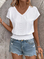 Eyelet V-Neck Short Sleeve Blouse - Ladyez