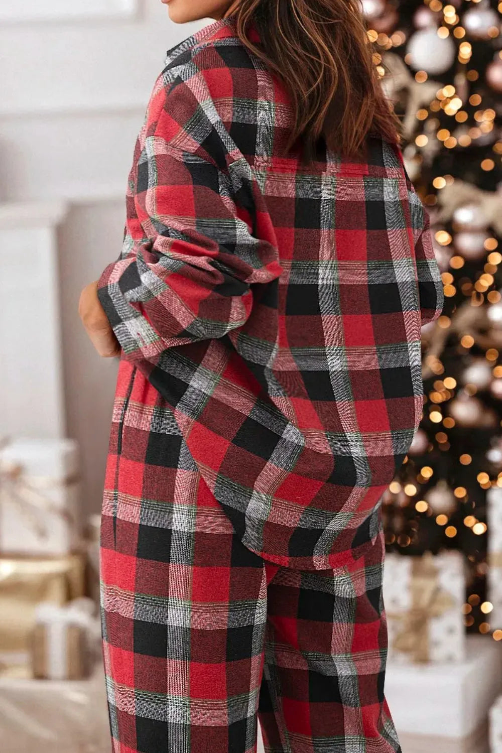 Plaid Long Sleeve Top and Pants Lounge Set - Ladyez