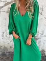 Full Size Slit V-Neck Balloon Sleeve Midi Dress Plus Size
