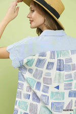 Mixed Media Print Button Front Collared Top