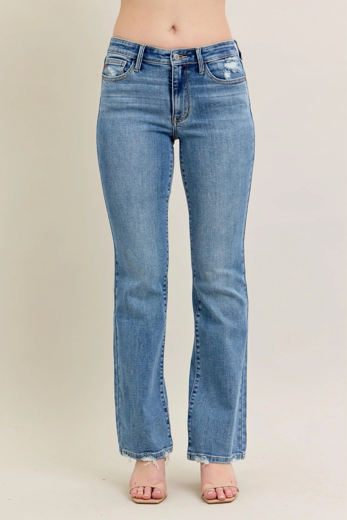 Judy Blue Full Size Mid Rise Wash Destroy Hem Bootcut Jeans Plus Size - Ladyez