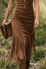 Fringe Zip Front Sleeveless Dress