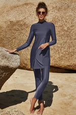 Slit Mock Neck Long Sleeve Top and Pants Swim Set - Ladyez