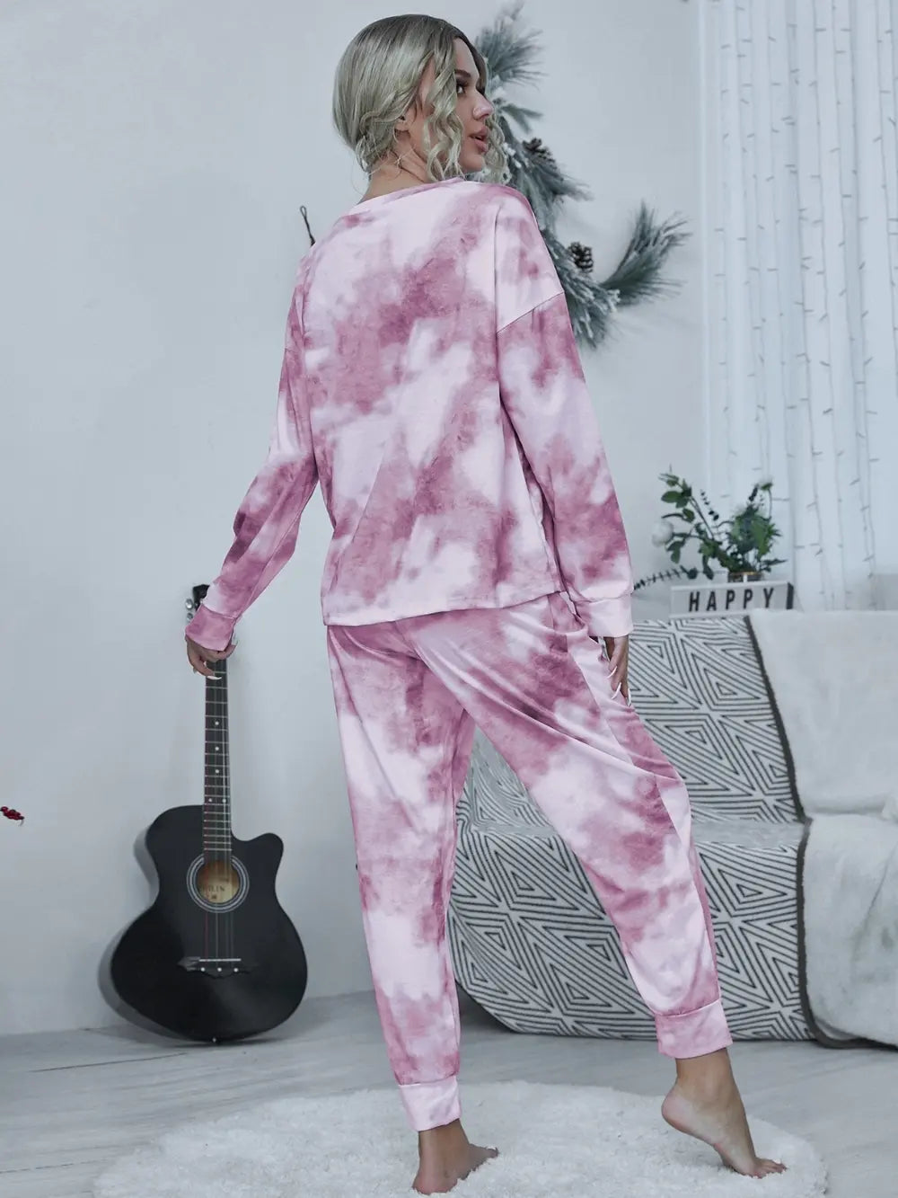 Shiny Tie-dye Round Neck Top and Drawstring Pants Lounge Set - Ladyez