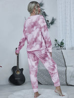 Shiny Tie-dye Round Neck Top and Drawstring Pants Lounge Set - Ladyez
