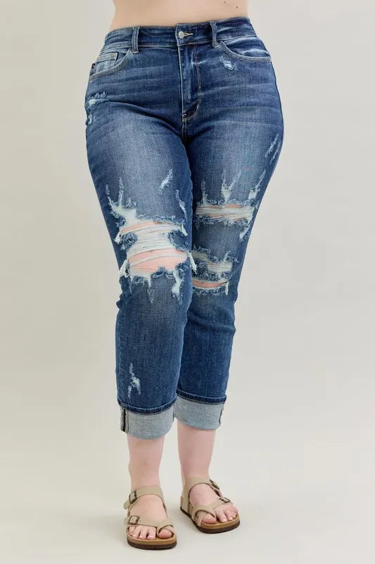 Judy Blue Full Size Mid Rise Cuffed Destroy Bf Jeans Plus Size - Ladyez