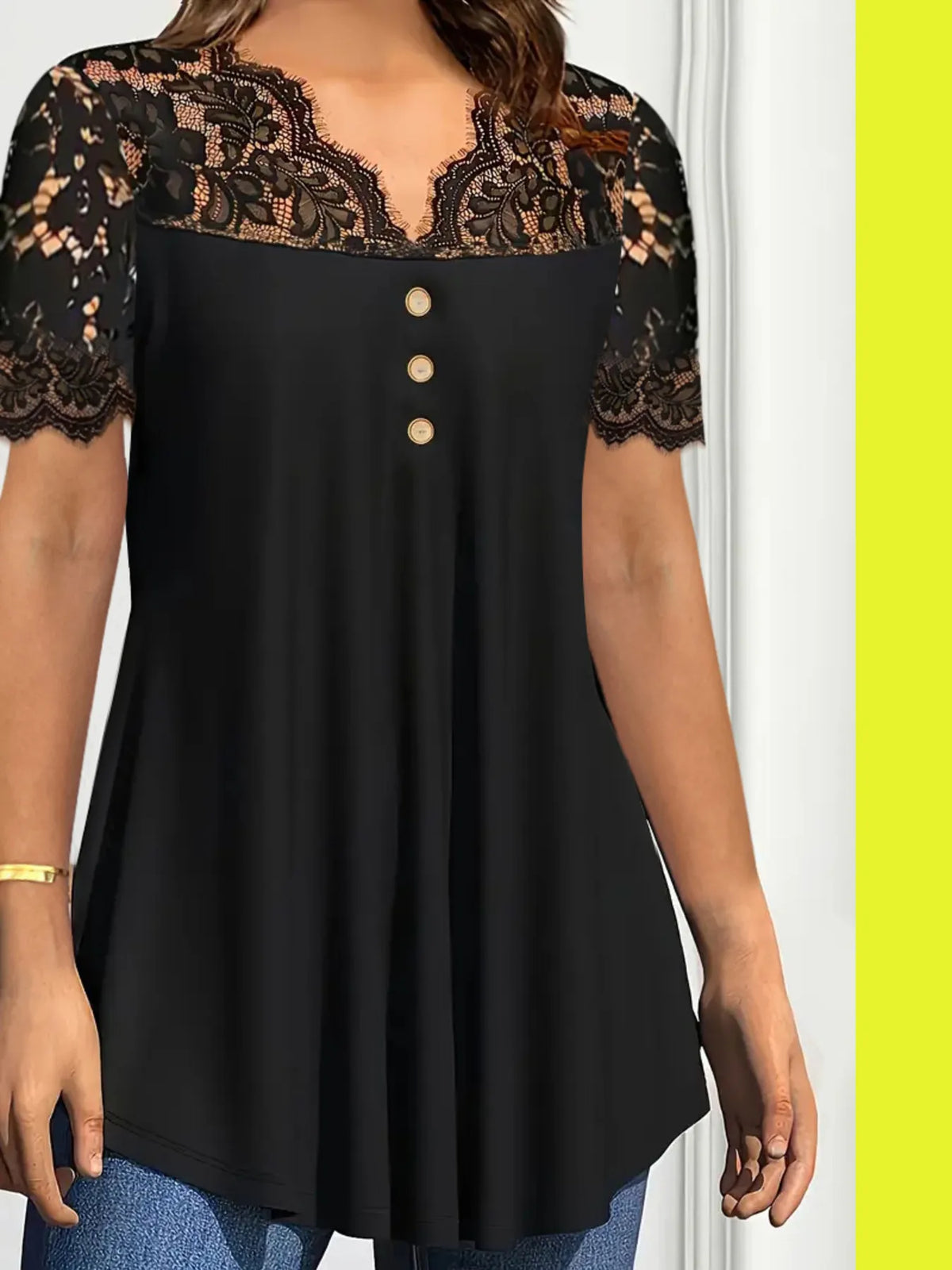 Lace Panel Short Sleeve Blouse - Ladyez
