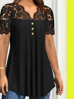 Lace Panel Short Sleeve Blouse - Ladyez