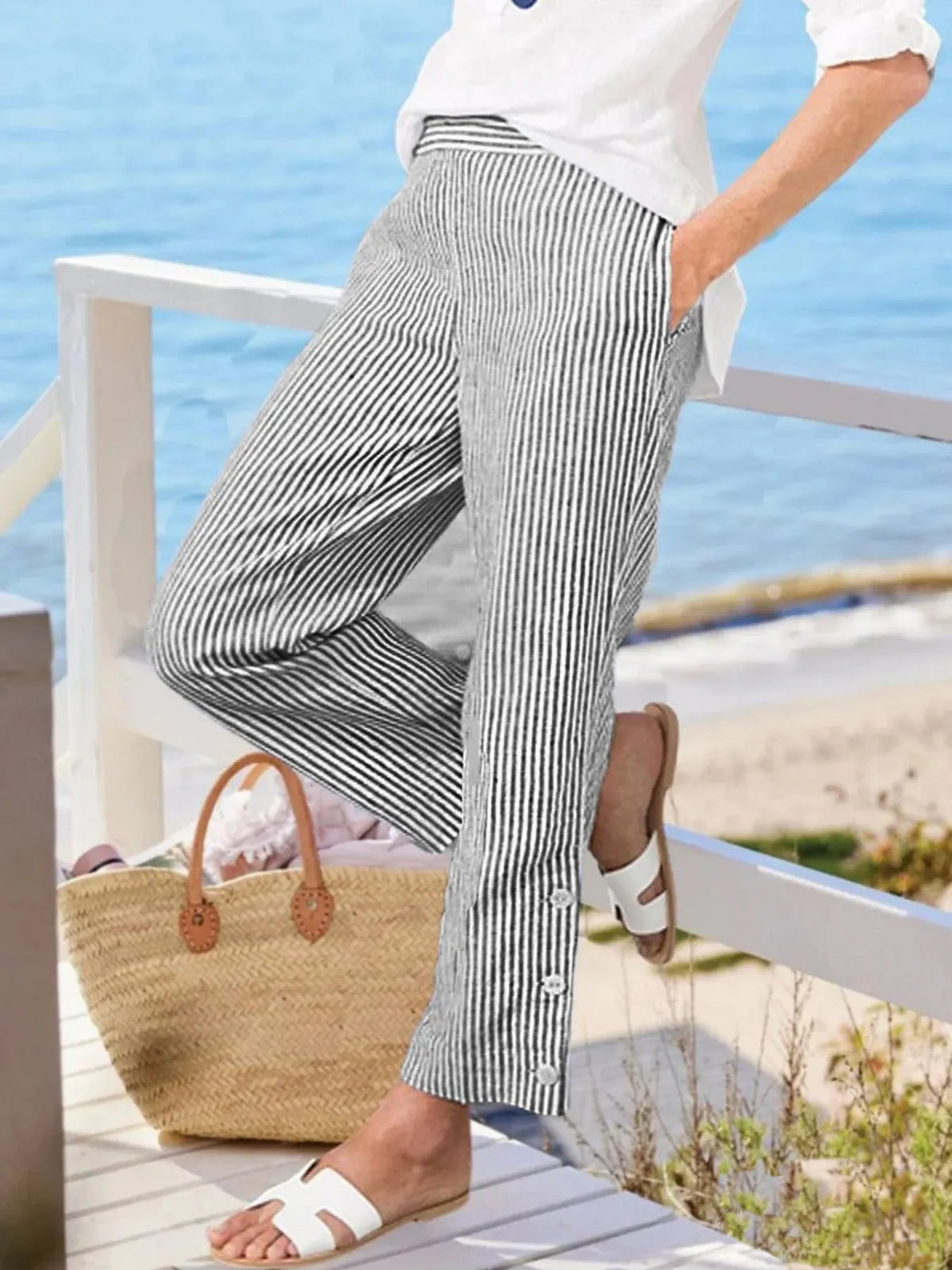Full Size Striped Side Button Detail Pants Plus Size