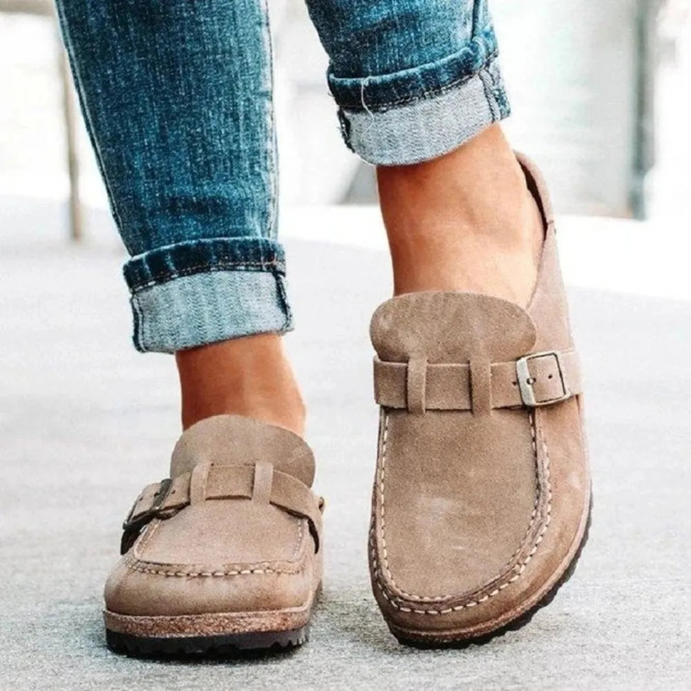 Round Toe Low Heel Buckle Loafers - Ladyez