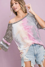 BiBi Tiedye French Terry with Leopard Sleeve Top
