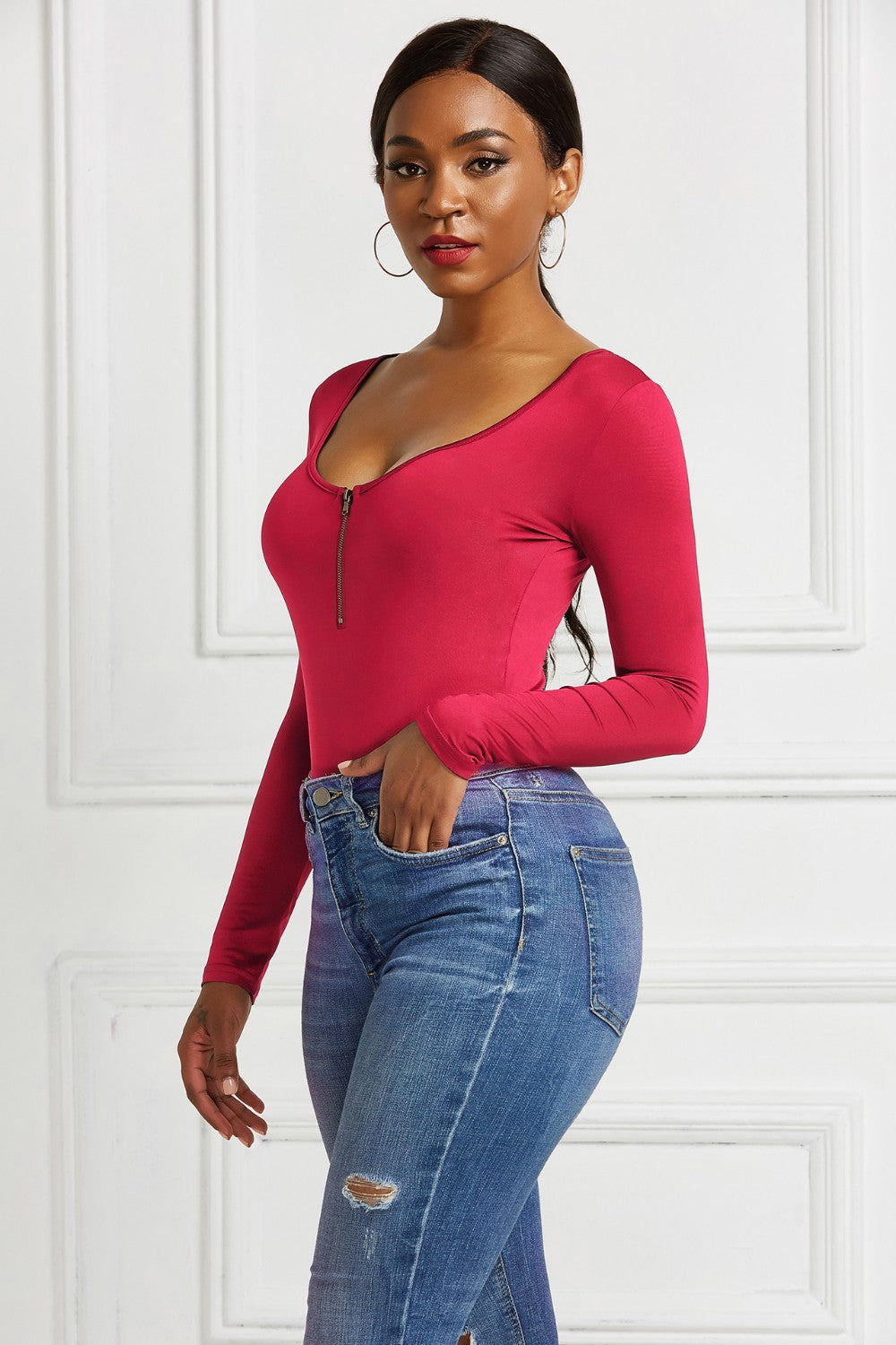Half Zip Scoop Neck Long Sleeve Bodysuit - Ladyez