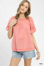 Umgee Round Neck Puff Sleeve Top with Contrast Stitch Detail