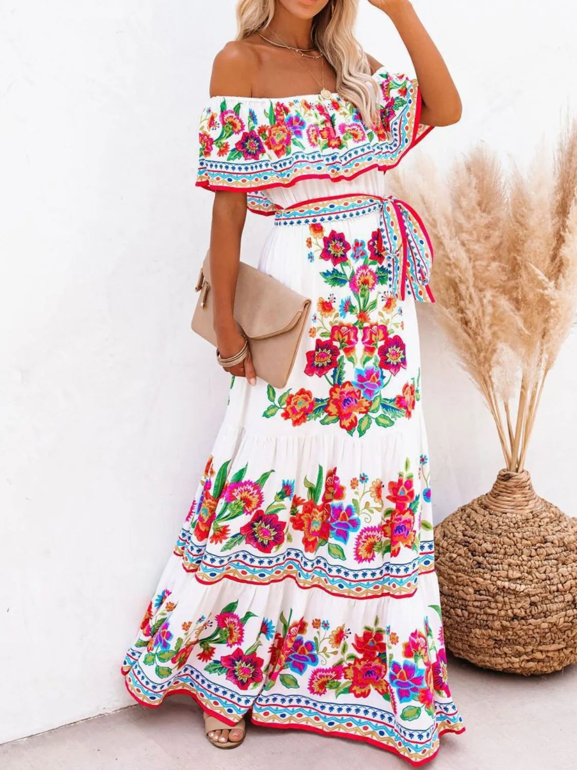 Floral Off Shoulder Ruffle Maxi Dress - Ladyez
