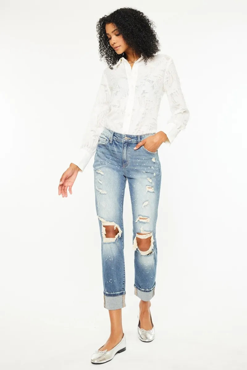 Kancan High Rise Distressed Boyfriend Fit Jeans - Ladyez