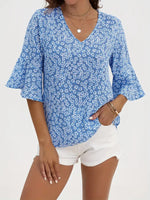 Floral Print V-Neck Bell Sleeve Blouse