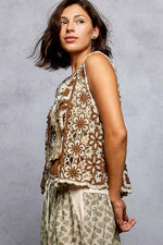 POL Tie Front Floral Pattern Crochet Vest with Scalloped Edge