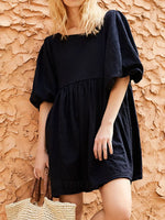 Relaxed Textured Babydoll Mini Dress with Back Keyhole Detail