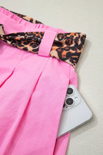 Leopard Contrast Sash Belt Pleated Wide Leg Shorts