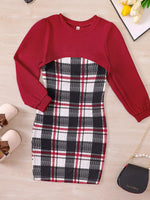 Children's Plaid Print Long Sleeve Dress Set