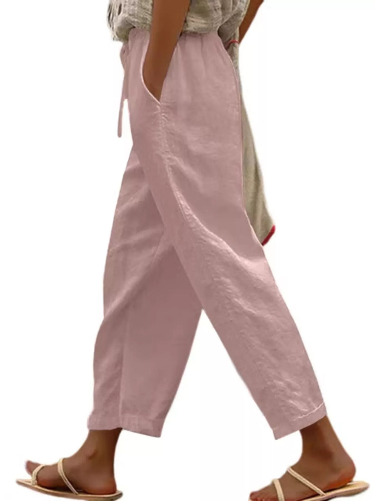 Casual Linen Drawstring Cropped Pants