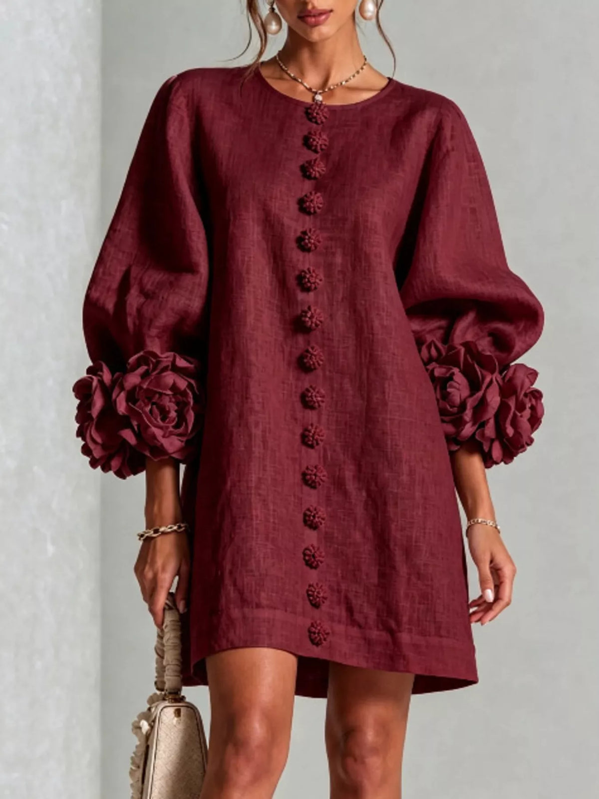 3D Floral 3/4 Sleeve Mini Dress